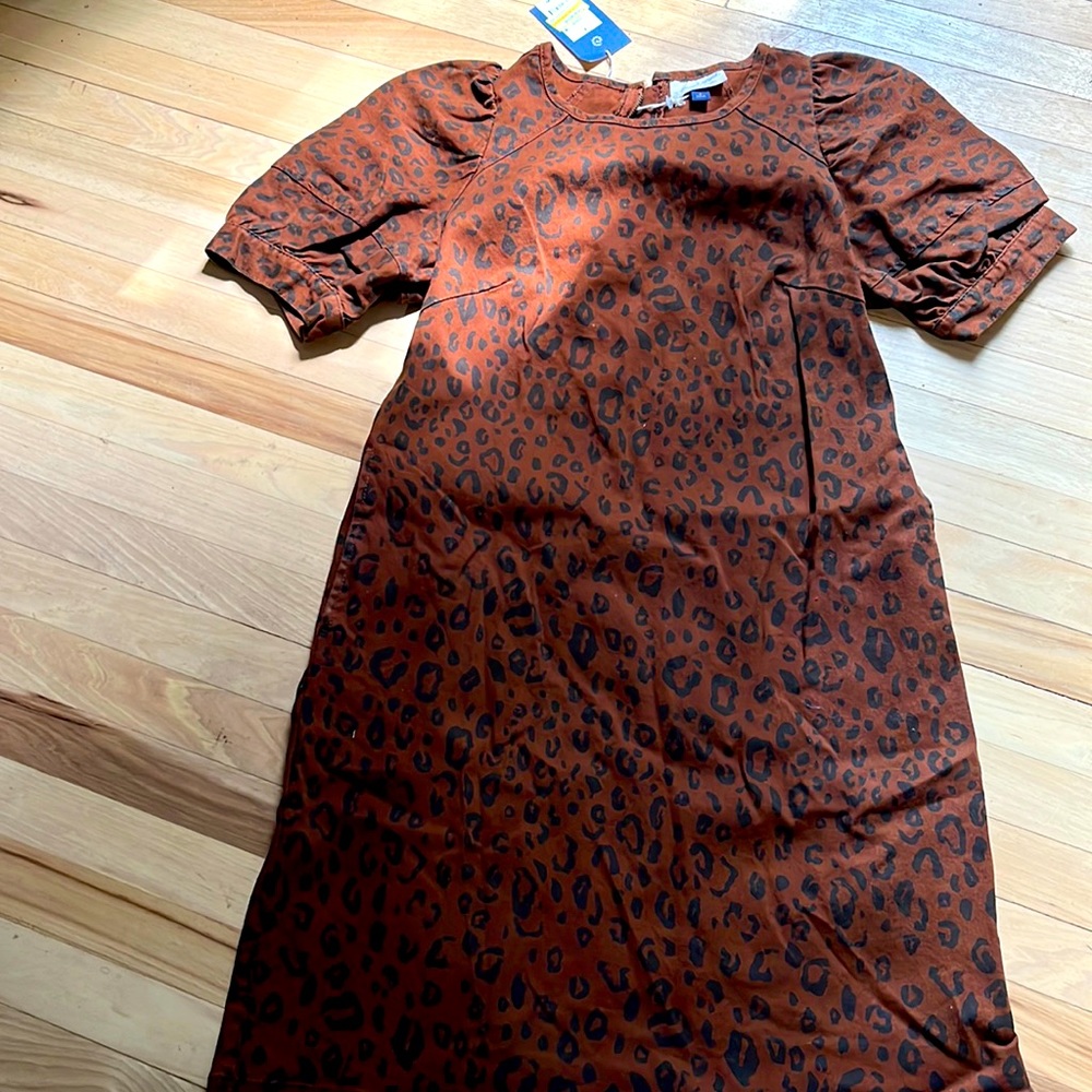 NWT Leopard Print Denim Dress with Puff Sleeves
